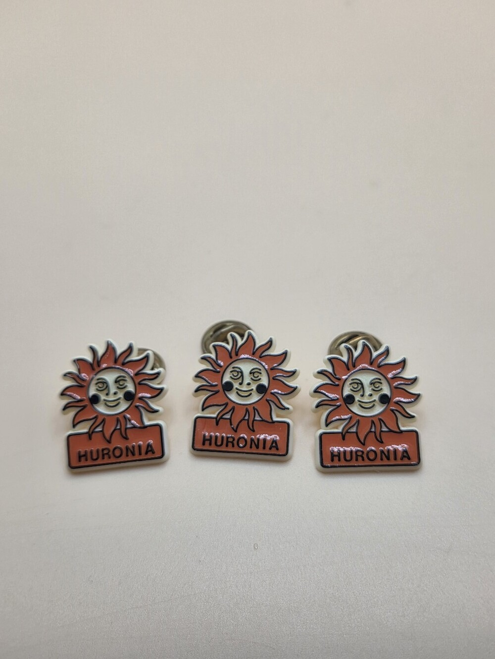 Vintage Huronia Sun Pins Set of 3 - Plastic Lapel Pin Lot - Ontario Tourism